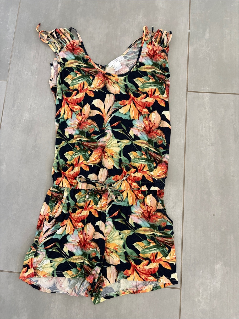 VENUS Black Floral Tank Romper with Orange & Green Leaves